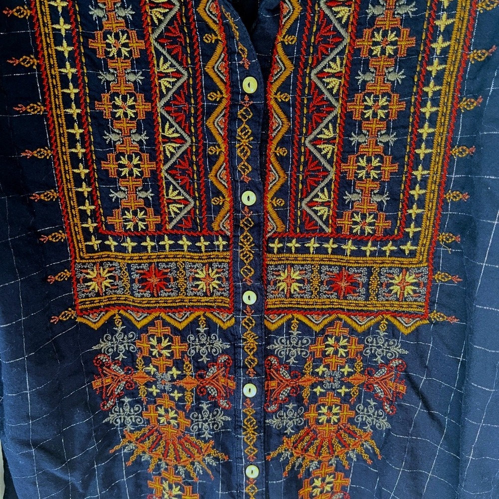Johnny Was Embroidered Button Up Blouse Shirt Dark Blue Fall Boho Cotton Blend M - Picture 3 of 10